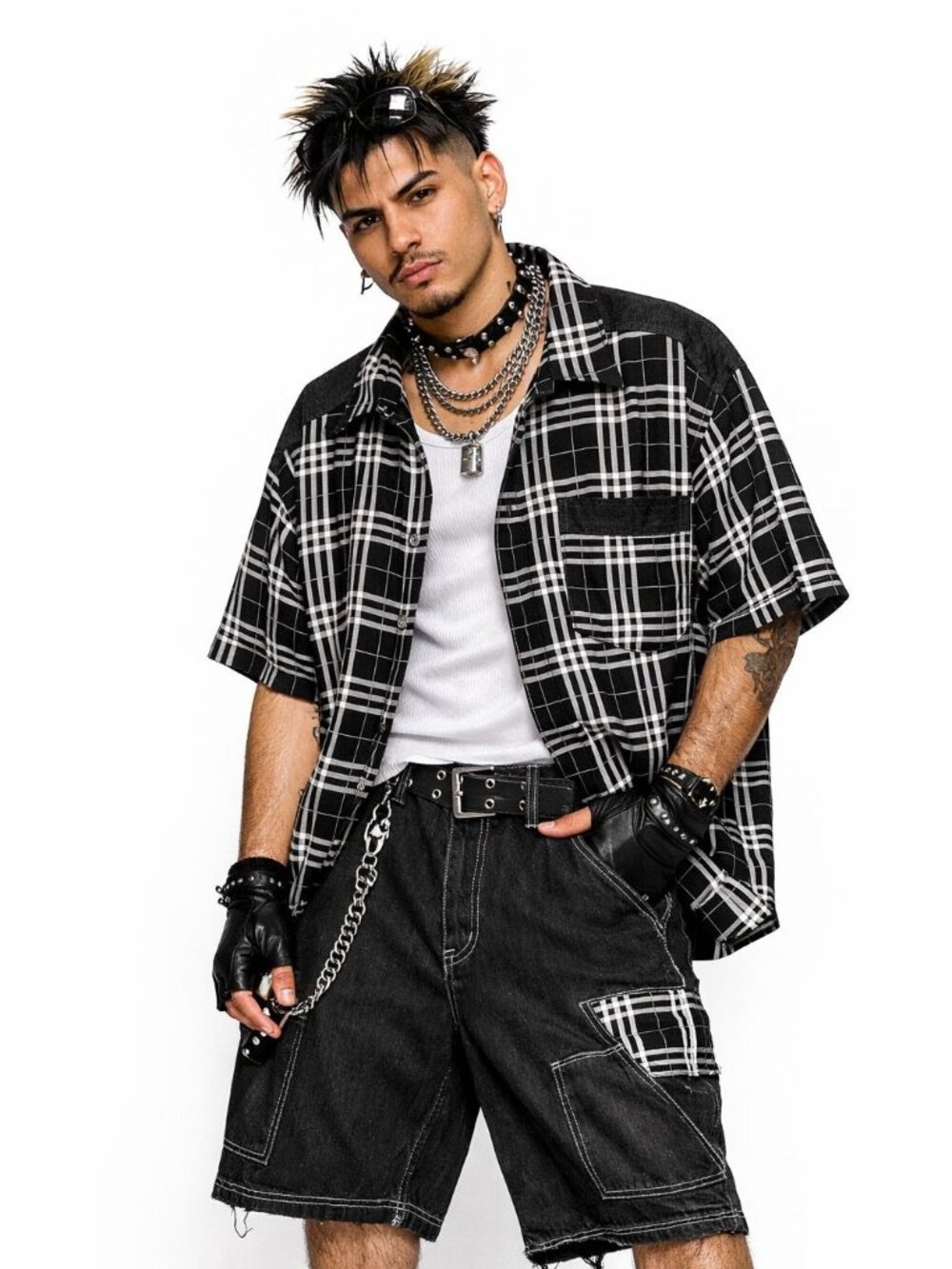 BX Boomx Mens 2XL Plaid Baggy Street Gear Shirt 38 Black Denim Baggy Short  Punk